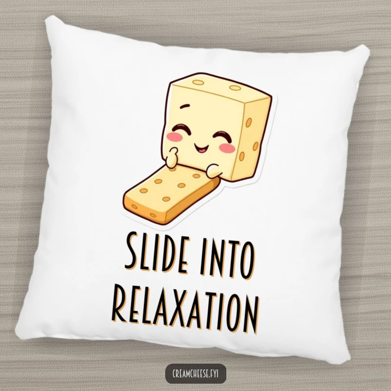 Funny pillow depicting a cream cheese square character winking and sliding down a cracker, offering comfort and snack humor.