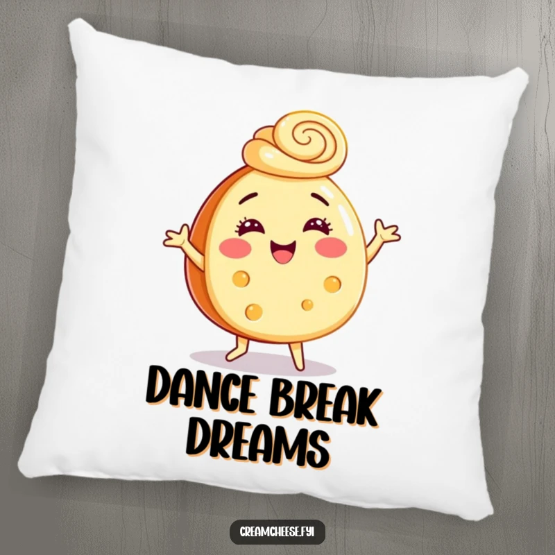 Funny pillow featuring a cream cheese wheel in a joyful dance, wearing a cinnamon swirl hat, perfect for comfortable, cheerful decor.