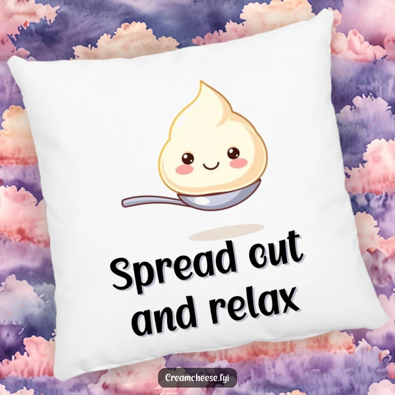 Funny pillow showcasing a delightfully beaming cream cheese dollop resting on a tiny spoon, adding a touch of humor and comfort.