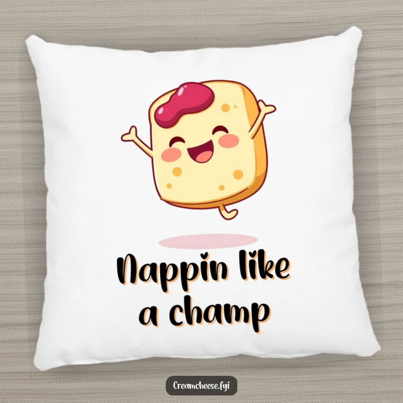 Funny cream cheese slice pillow doing a joyful cartwheel with a dollop of jam, soft, decorative, and cheerful.