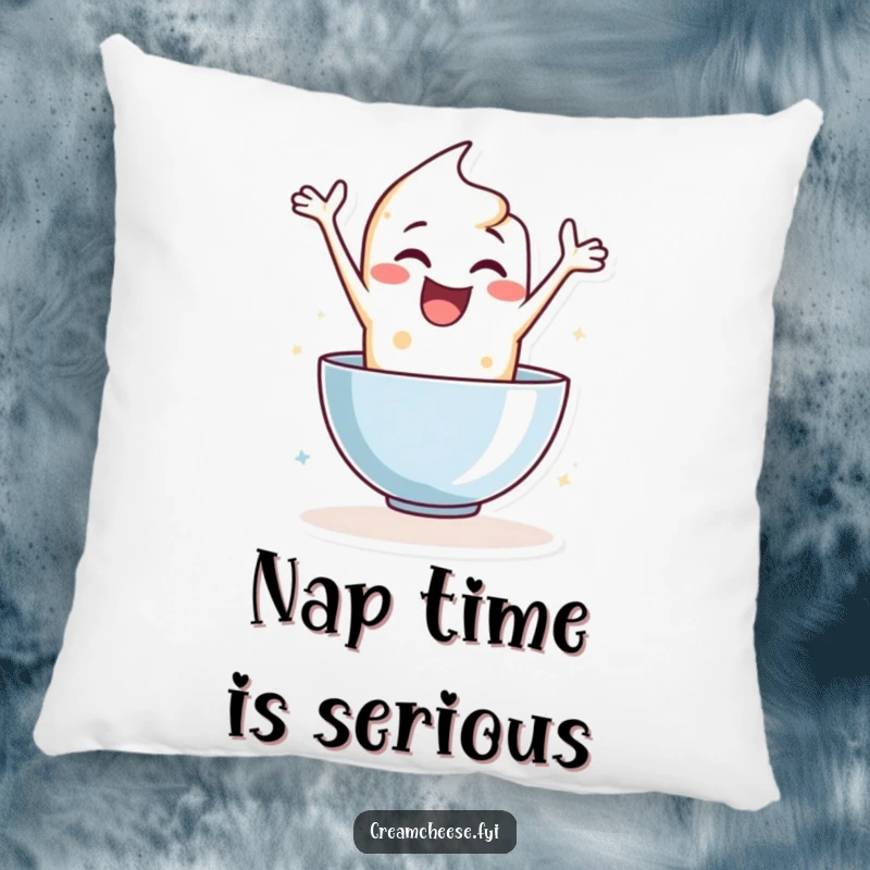 Funny pillow featuring a delighted cream cheese character leaping into a mixing bowl, adding soft, cheerful humor.