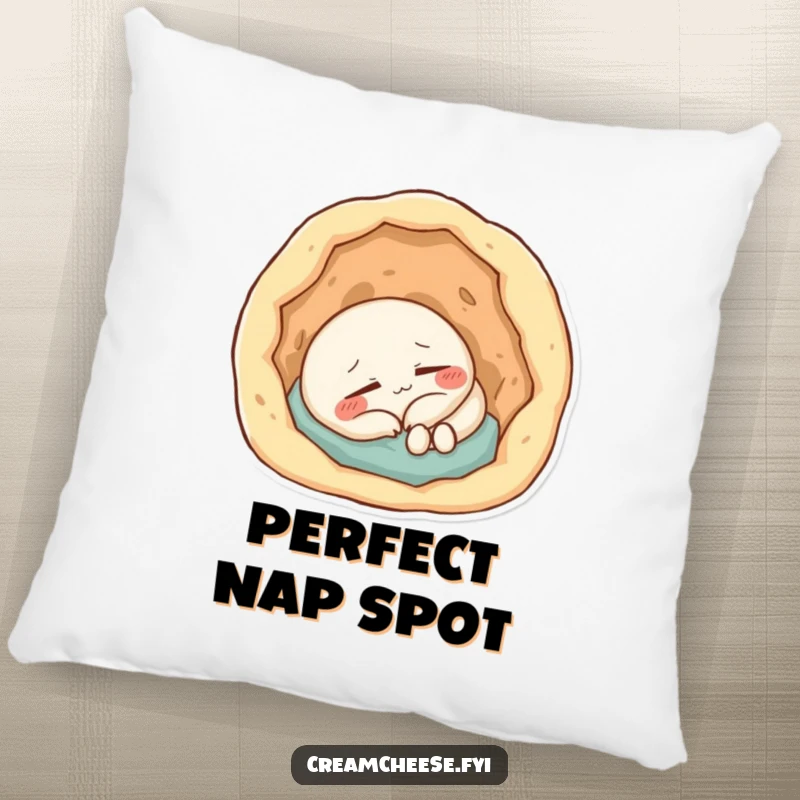 Funny Pillow: Content cream cheese character napping deeply within a small, inviting doughy hole.