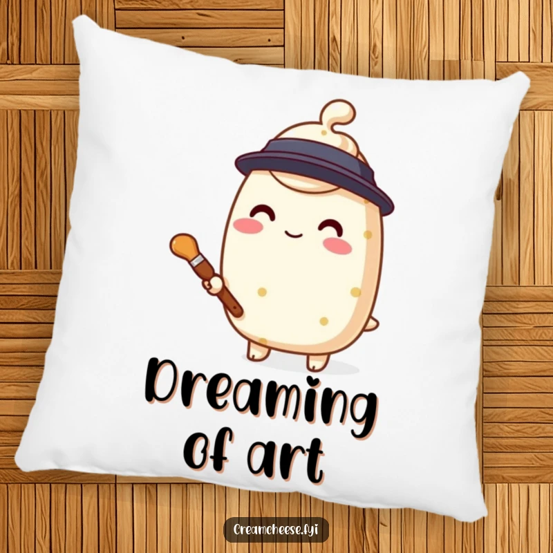 Funny cream cheese painter pillow, a stylized character holding a small paintbrush, offering creative comfort.
