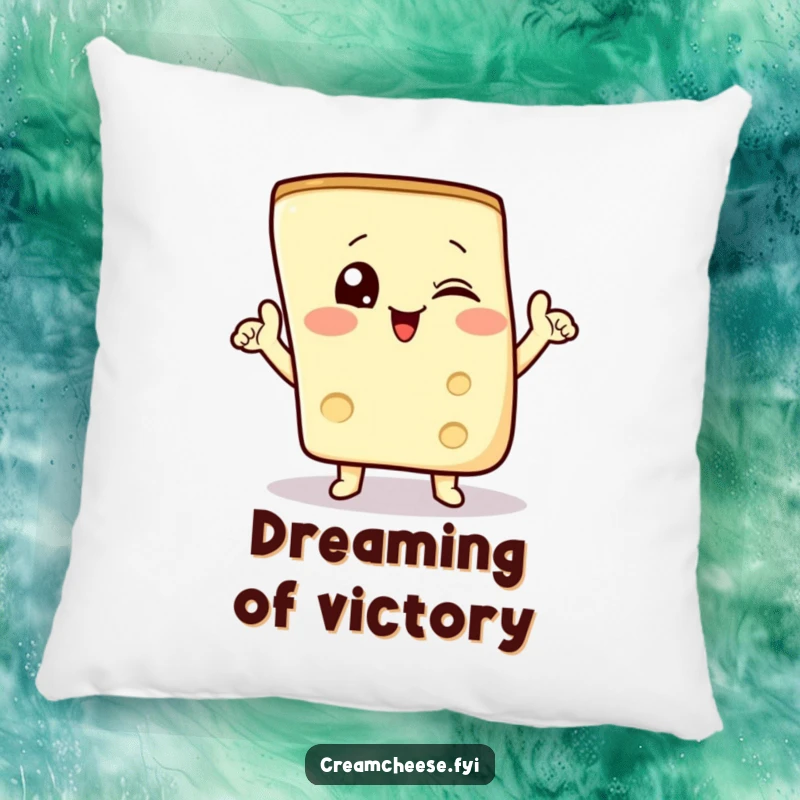 Funny pillow featuring a winking cream cheese wedge doing a triumphant pose, adding comfort and foodie fun.
