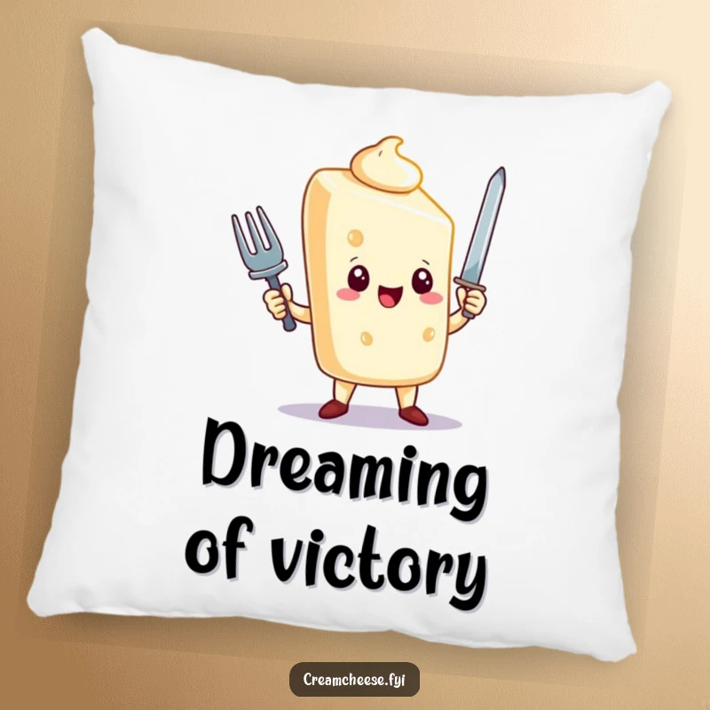 Funny cream cheese character pillow triumphs with a tiny fork sword, soft and decorative, perfect funny gift for comfort.