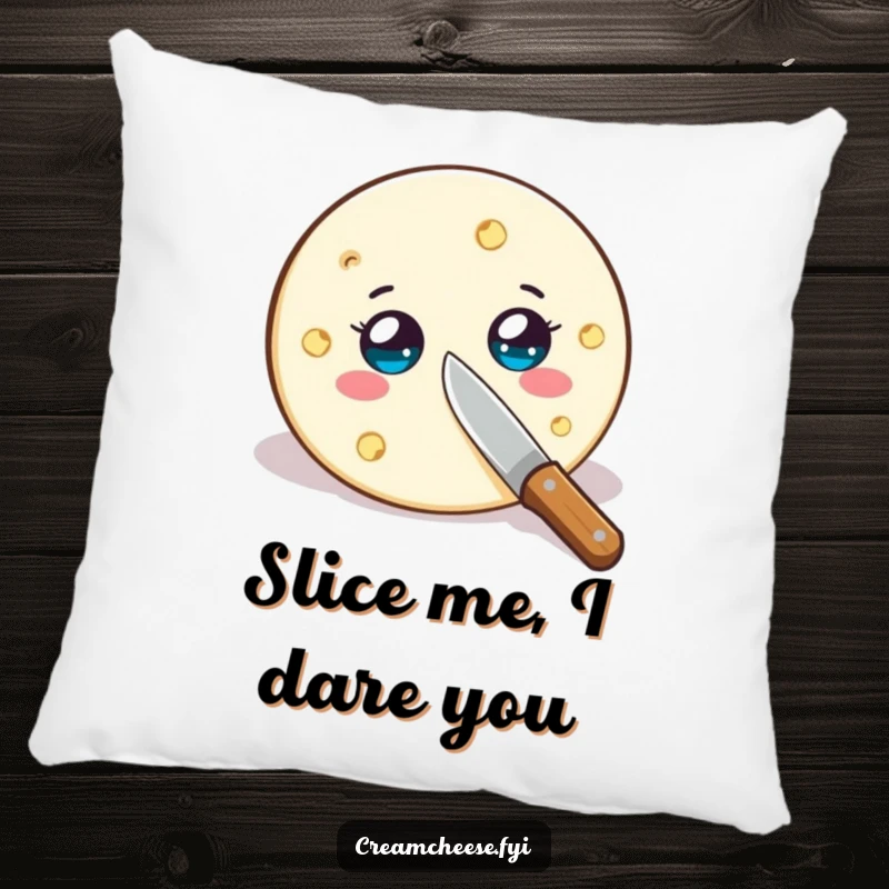 Funny cream cheese wheel pillow, wide-eyed and being sliced by a miniature knife, a plush and humorous dairy accessory.