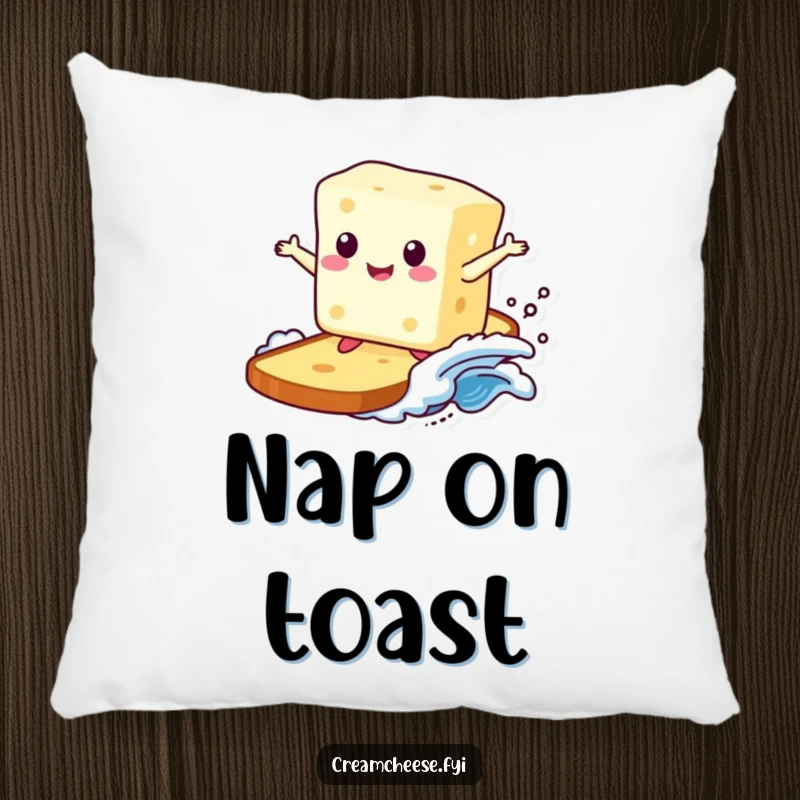 Funny pillow featuring a smiling cream cheese block masterfully surfing a toast wave, bringing seaside fun and breakfast cheer to your cozy space.