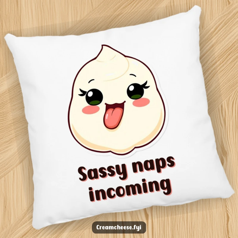 Funny pillow featuring a sweet cream cheese dollop character humorously sticking its tongue out, offering cozy relaxation with a side of playful sass.