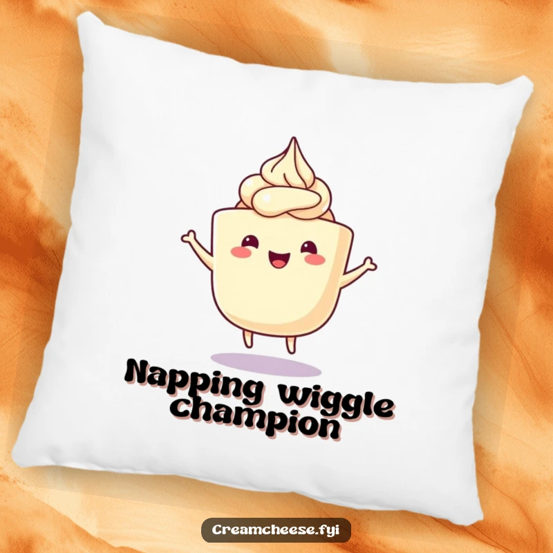 Funny Cream Cheese Pillow with a happy cream cheese tub with frosting swirls doing a delightful wiggle dance, offering soft comfort and humor.