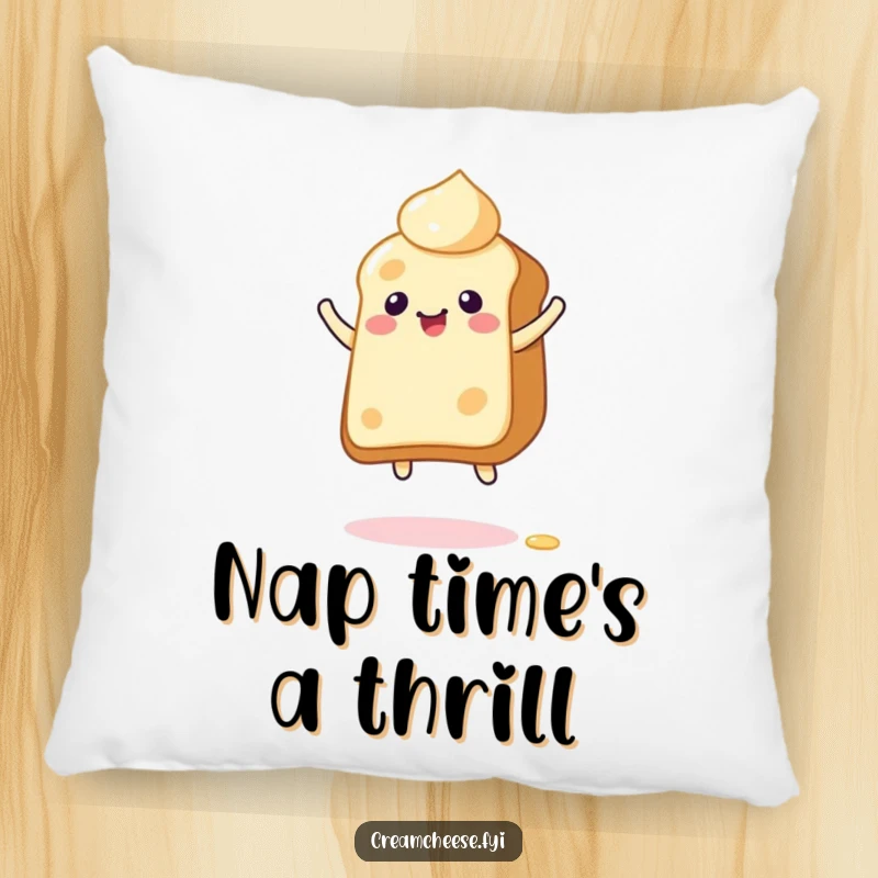 Funny Pillow with a giddy cream cheese character bouncing energetically on toast, ideal for cozy comfort with spreadable joy.