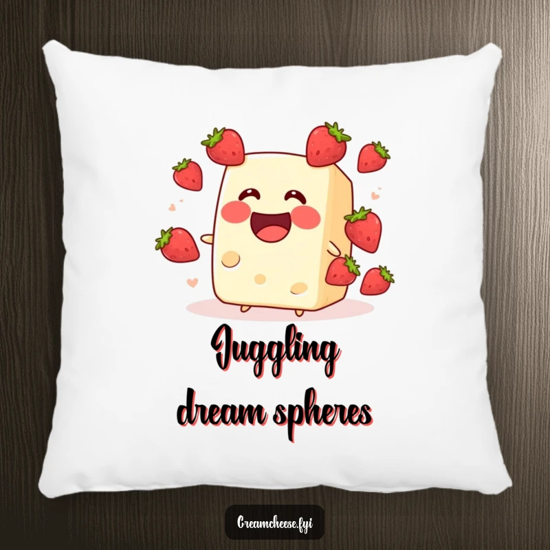 Funny cream cheese block juggling strawberries, featured on a soft pillow. A charming and funny decorative accent for a funny gift.