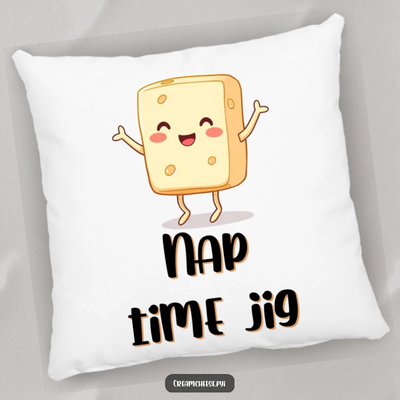 Funny Pillow: A cheerful block of cream cheese with tiny legs enthusiastically dances a jig, full of joy and dairy energy.