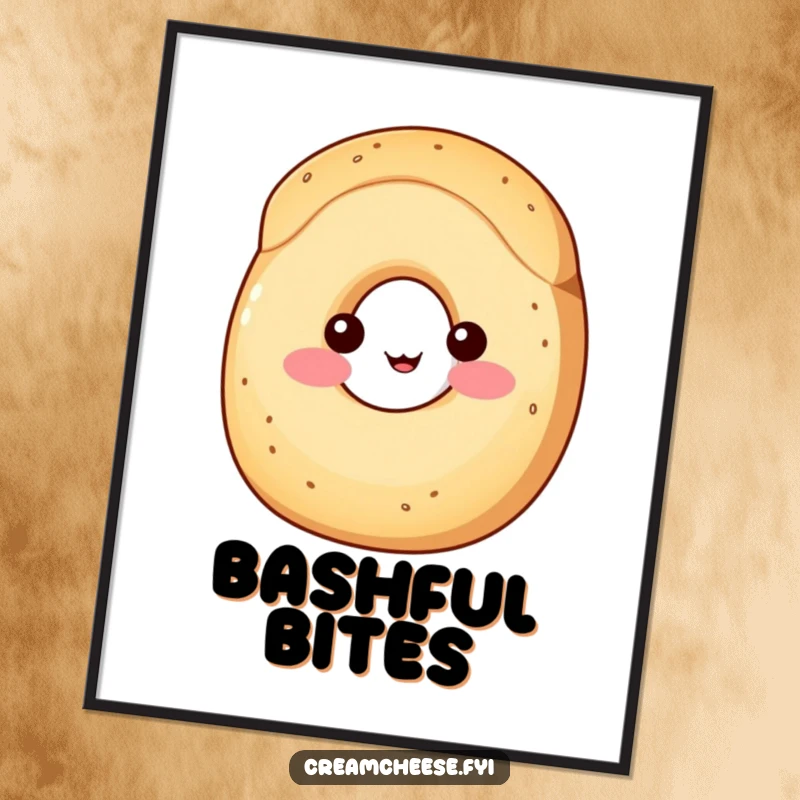 Funny Digital Art Print: A shy wedge of cream cheese with rosy cheeks peeks from behind a bagel, creating an endearing and humorous breakfast scene.