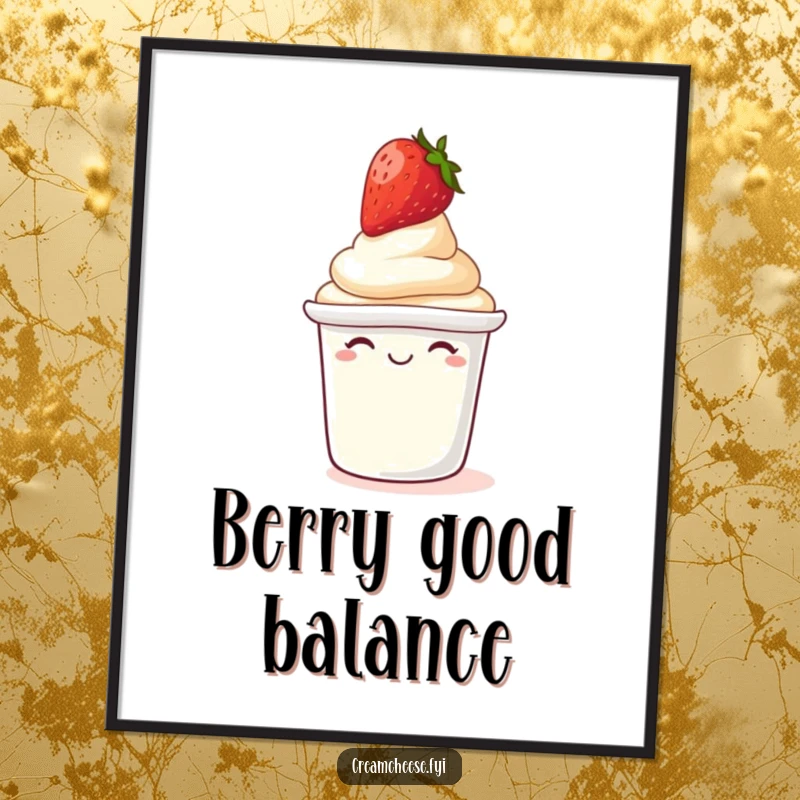 Funny Digital Art Print: Giggling cream cheese tub with strawberry, humorous kitchen wall art.