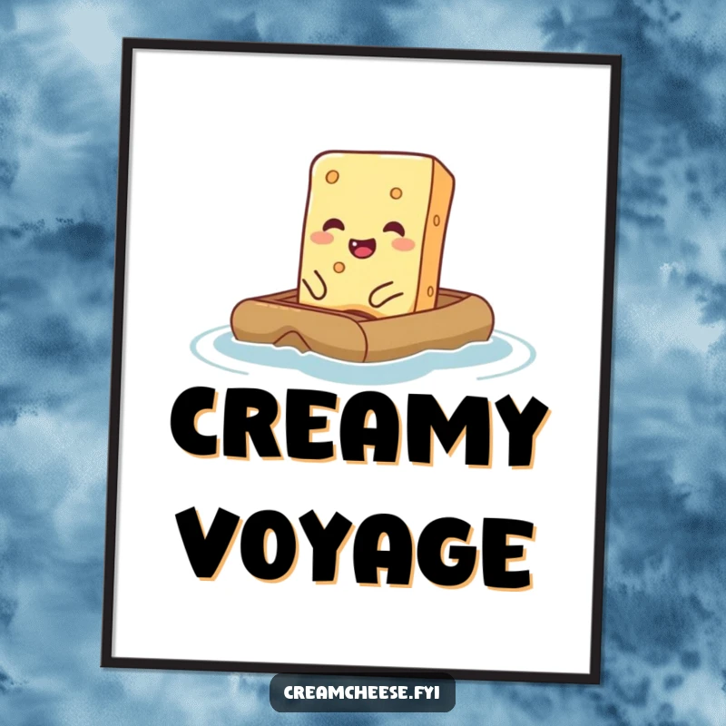 Funny Cream Cheese Digital Art Print of a giggling cream cheese bar attempting to float on a tiny raft, whimsical decor.