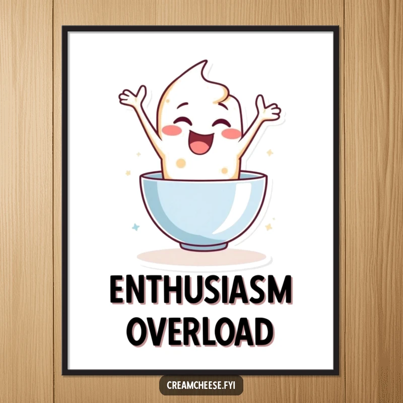 Funny digital art of an enthusiastic cream cheese character leaping into a mixing bowl, a vibrant and easily shareable artwork.