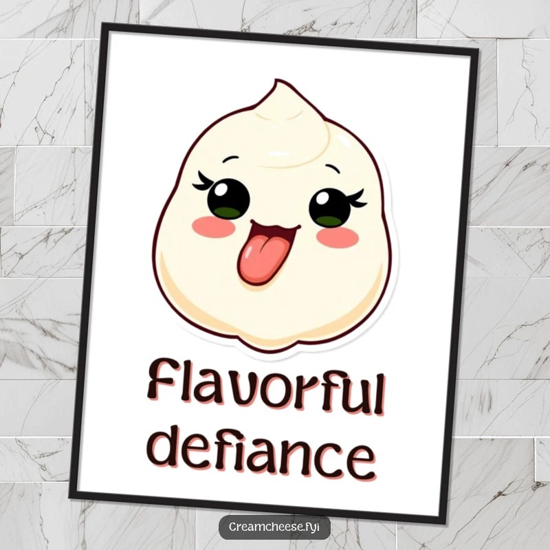 Funny digital art print of a cream cheese dollop character sticking its tongue out playfully, bringing instant fun and cheeky personality to any room.