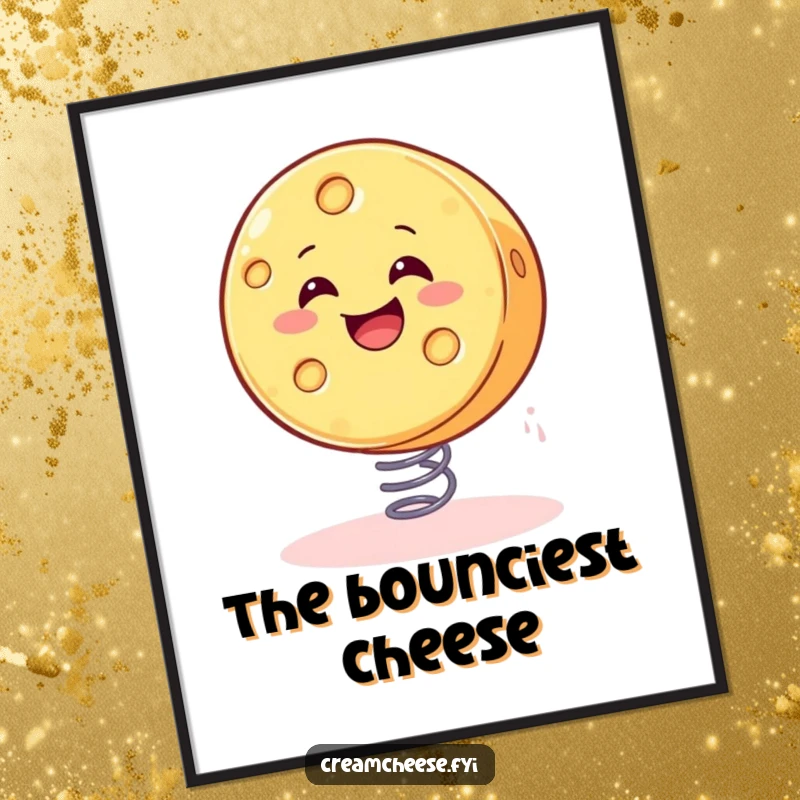 Funny cheese digital art print of a smiling wheel of cheese gleefully bouncing on a spring, adding humorous decor.
