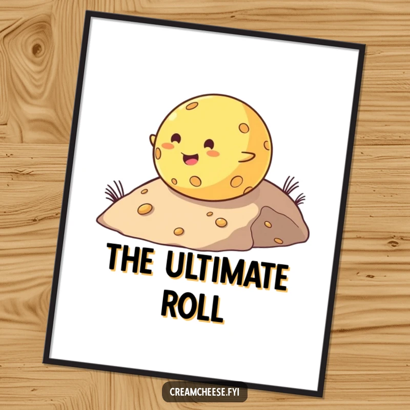 Funny digital art print of a chubby cheese ball joyfully rolling down a hill, perfect for instant, humorous home decor.