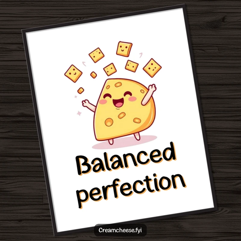 Funny cheese wedge digital art print, a whimsical character joyfully juggling miniature crackers with a happy expression.