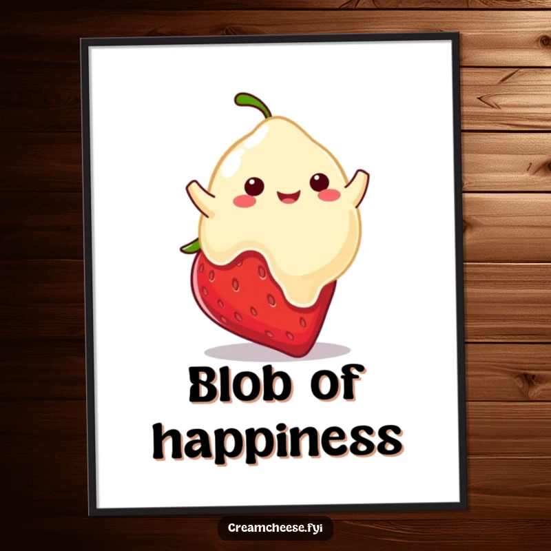 Funny digital art print of a playful cream cheese blob happily bouncing on a strawberry, a charming depiction of sweet joy.