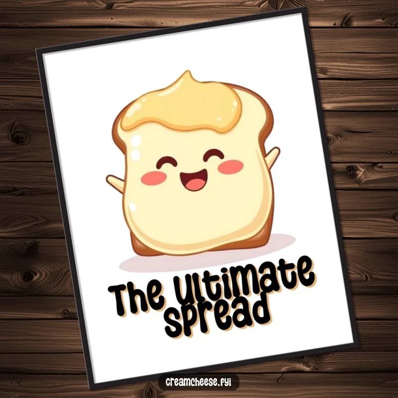 Funny joyful cream cheese blob digital art print enthusiastically spreading onto toast, instant cheerful decor.