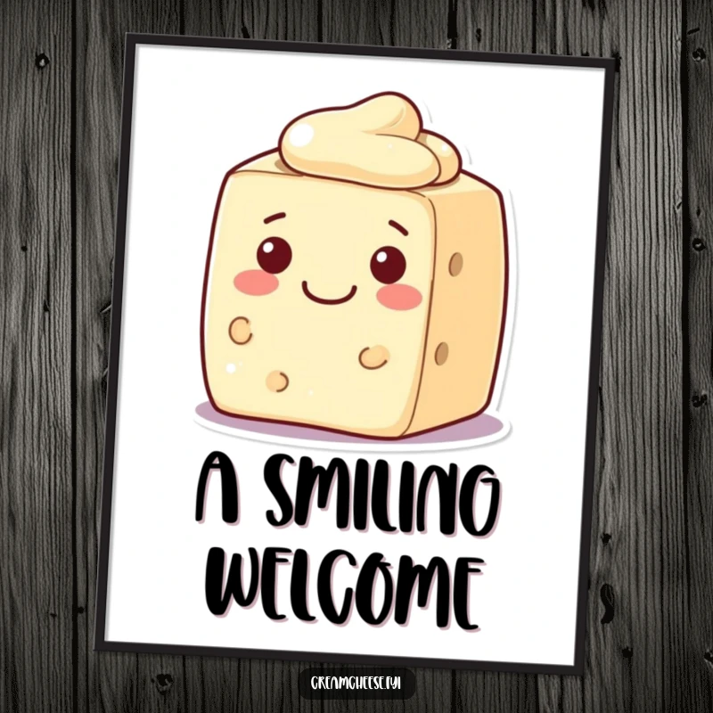 Funny cream cheese block digital art, a character with a warm and welcoming smile, creating a friendly atmosphere.