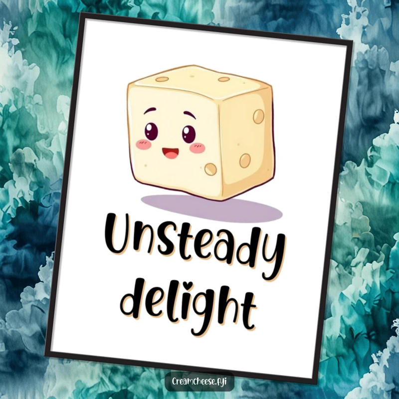 Funny Cream Cheese Digital Art Print of a wobbly cream cheese cube wobbling precariously, whimsical decor.