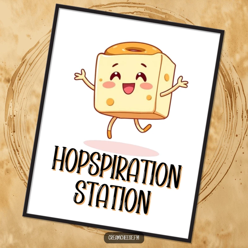 Funny digital art print of an energetic cream cheese cube doing a silly hop with a gleeful bagel, symbolizing breakfast fun.