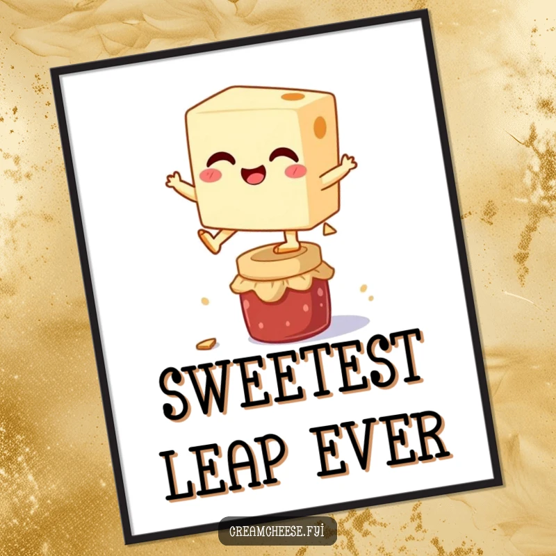 Funny digital art print of a cream cheese block leaping over a jam jar, capturing a moment of playful breakfast joy and vibrant energy.