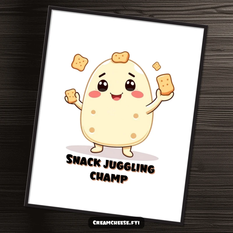 Funny digital art of a cream cheese character juggling crackers, a whimsical and easily shareable artwork.