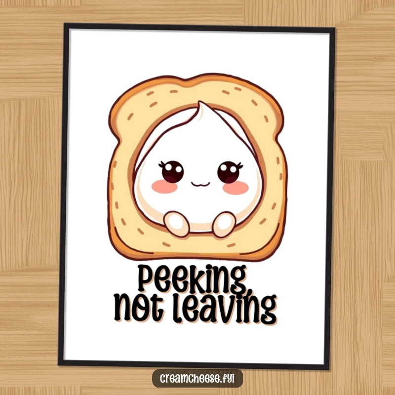 Funny digital art print of a bubbly cream cheese character playfully peeking from a toasted bread hole, full of mischief.