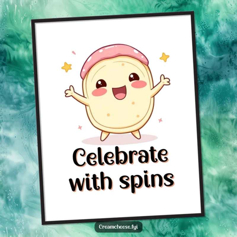 Funny Cream Cheese Digital Art Print of a delighted cream cheese roll performing a celebratory spin, energetic and joyful wall decor.