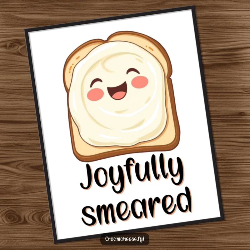 Funny digital art print of a delighted cream cheese smear spreading itself with pure joy across toast, a breakfast masterpiece.