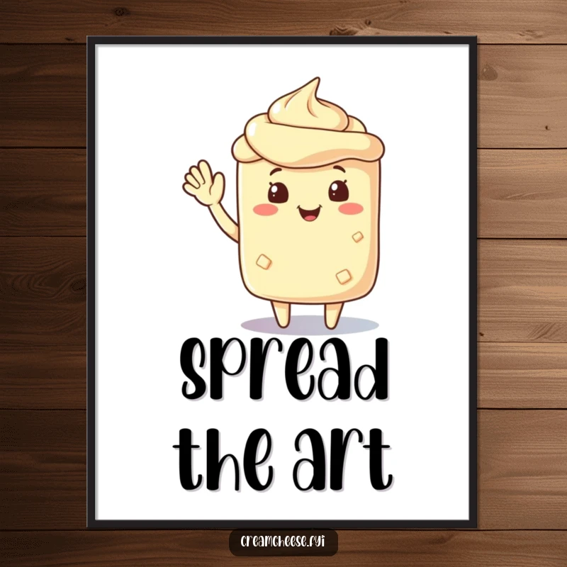 Funny cream cheese spread character waving cheerfully, a digital artwork radiating friendliness and approachable warmth.