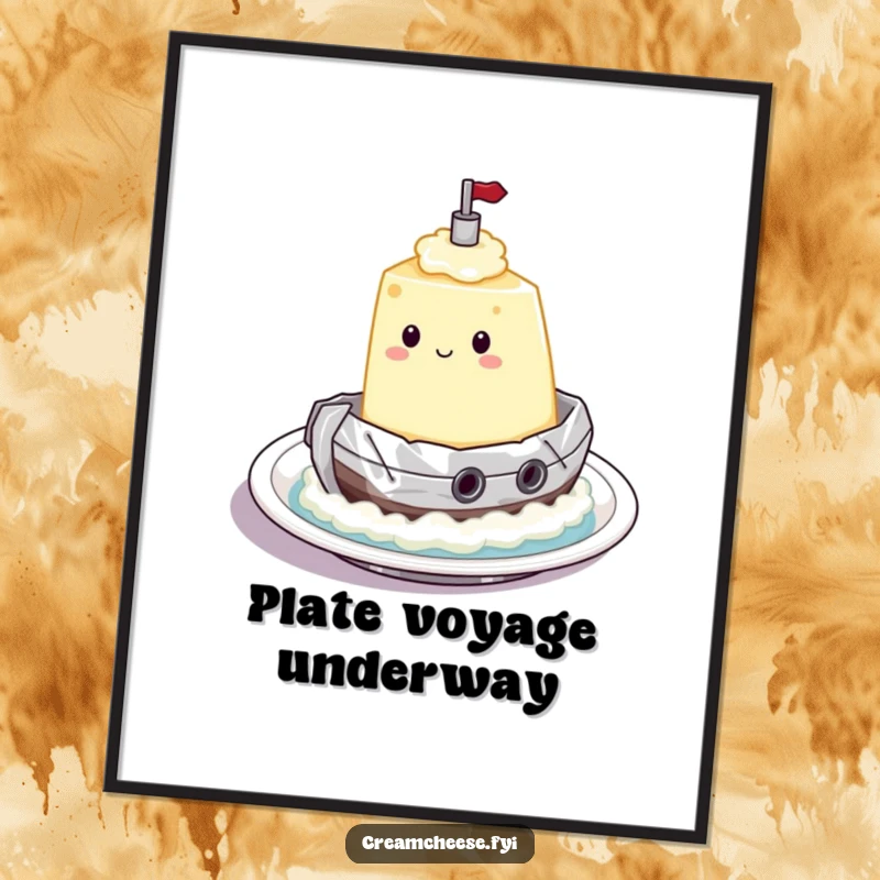 Funny Digital Art Print: Cream cheese character sailing in a foil tugboat on a plate, instantly downloadable adventure.