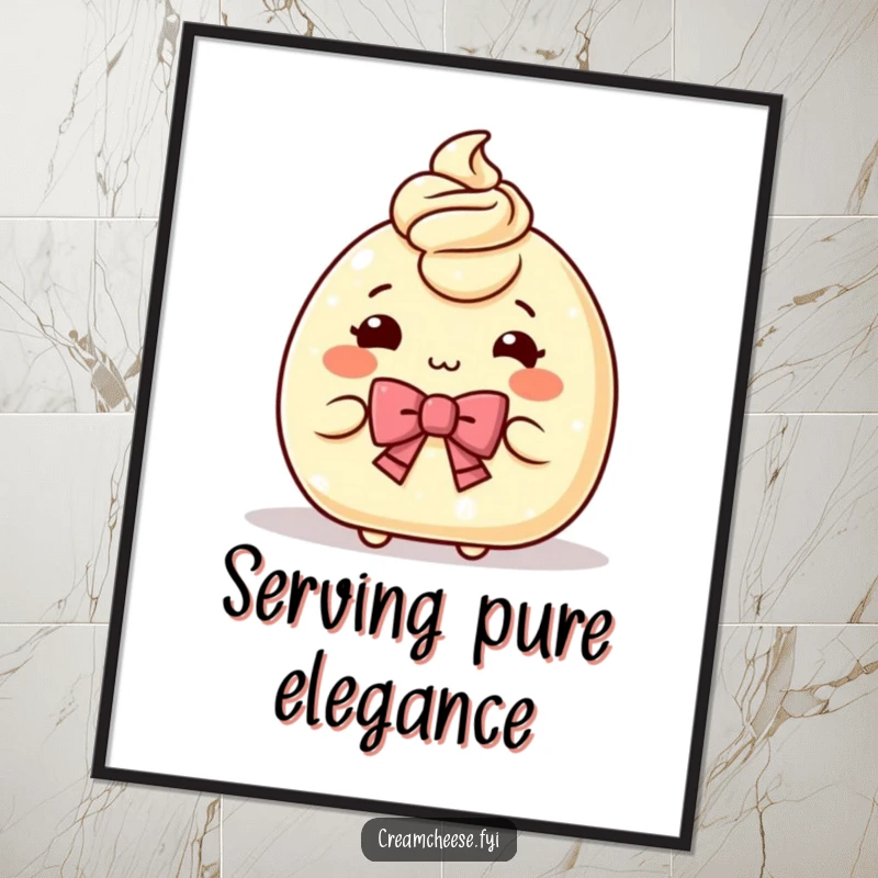 Funny Digital Art Print: Charming cream cheese character bowing elegantly, offering a portion, instantly downloadable humor.