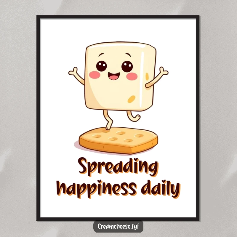 Funny digital art print of a smiling block of cream cheese with tiny legs joyfully bouncing on a cracker, perfect for whimsical decor.