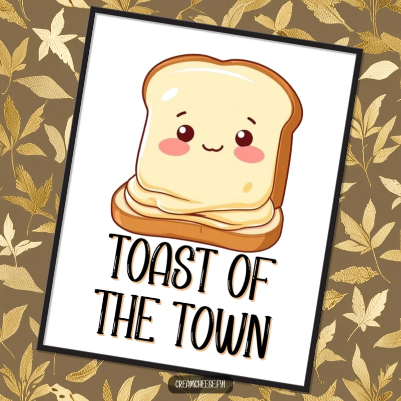 Funny digital art of a cream cheese slice winking playfully on toast, a charming and easily shareable artwork.