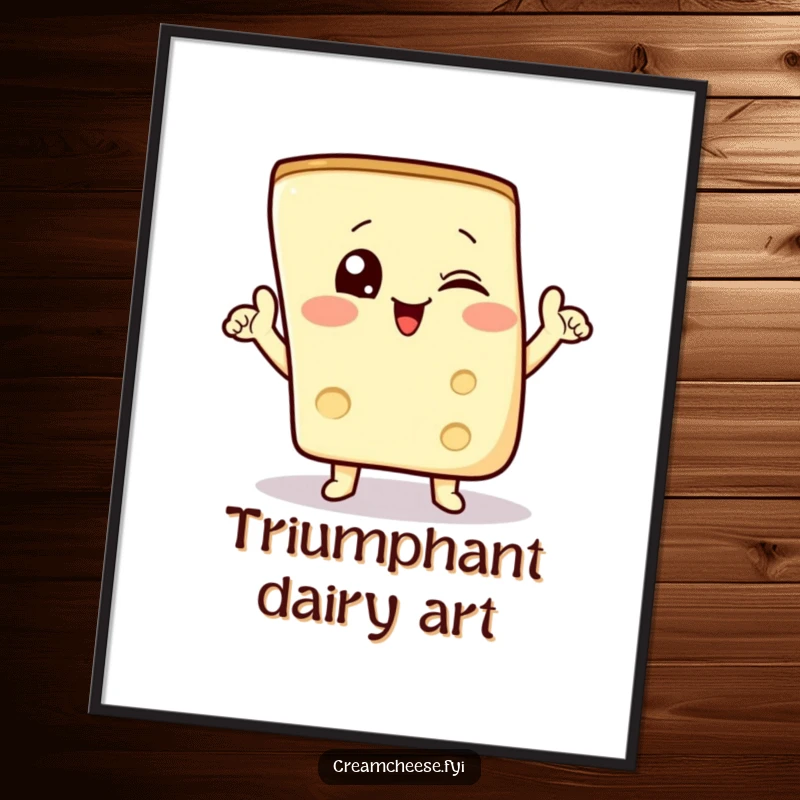 Funny digital art print of a winking cream cheese wedge doing a triumphant pose, instant wall decor.