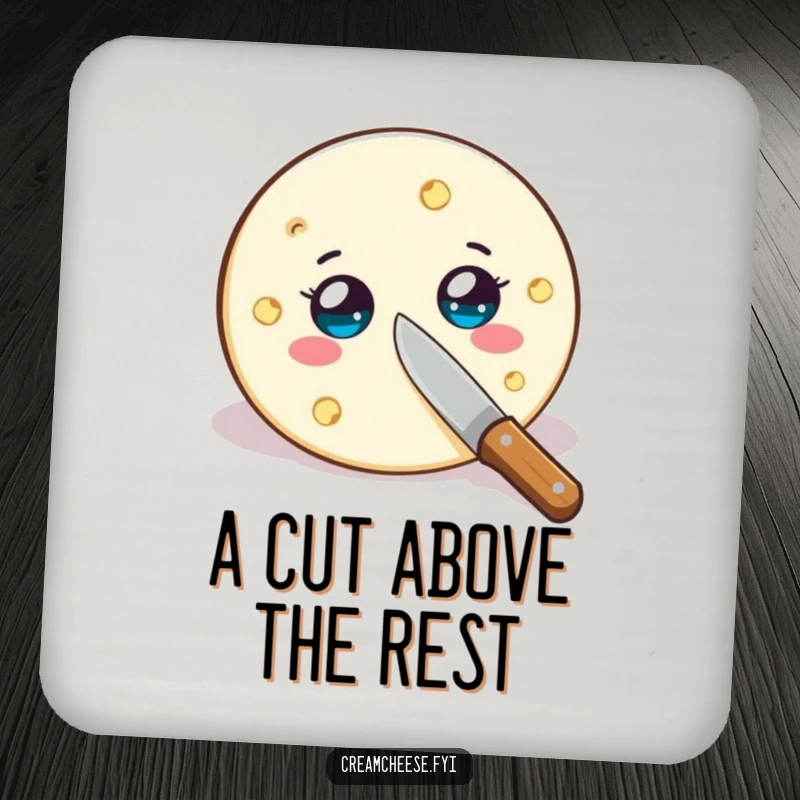 Funny cream cheese wheel coaster, wide-eyed and being sliced by a tiny knife, a humorous accessory for drinks.