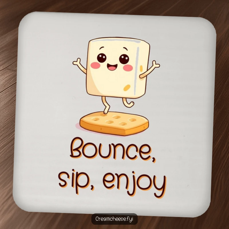 Funny drink coaster featuring a smiling block of cream cheese with tiny legs joyfully bouncing on a cracker, adding breakfast humor to tabletops.