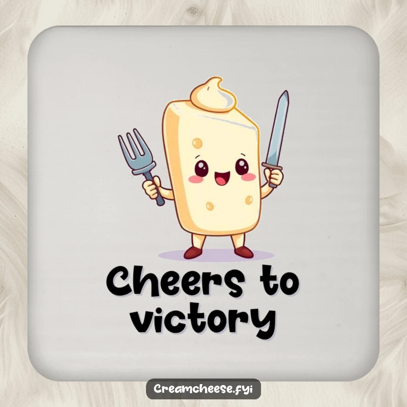 Funny cream cheese character drink coasters, triumphantly holding a fork sword, protecting surfaces, ideal funny gift set.