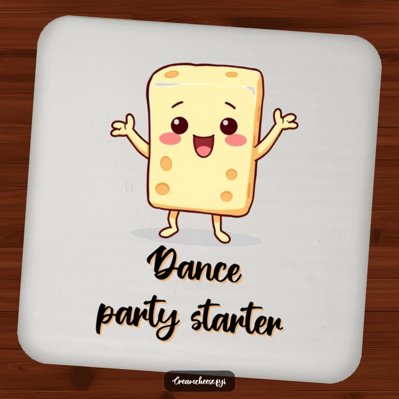 Funny drink coaster depicting a cream cheese block character doing a silly dance, offering surface protection with a touch of cheesy fun.