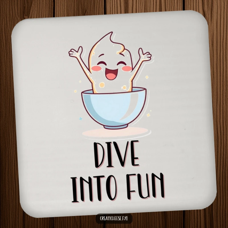 Funny drink coaster featuring a delighted cream cheese character leaping into a mixing bowl, a humorous and functional accessory.