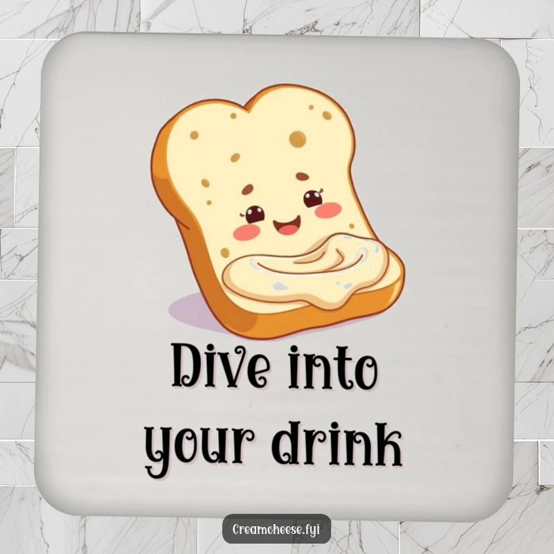 Funny baguette slice dipping into cream cheese, featured on drink coasters. A comical and functional addition, perfect as a funny gift.