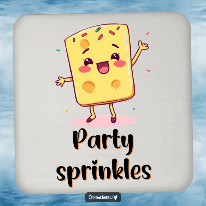 Funny cheese slice coaster, featuring a delighted character doing a happy dance surrounded by colorful sprinkles.