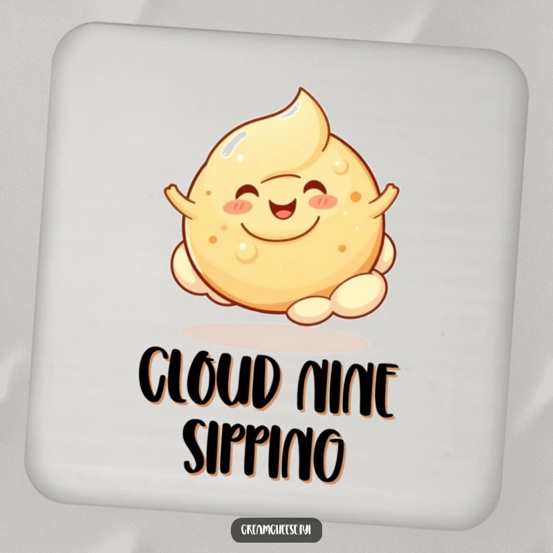 Funny Cream Cheese Blob Bagel Cloud Drink Coaster: A cheerful cream cheese blob happily bounces on a bagel cloud, a joyful surface protector.