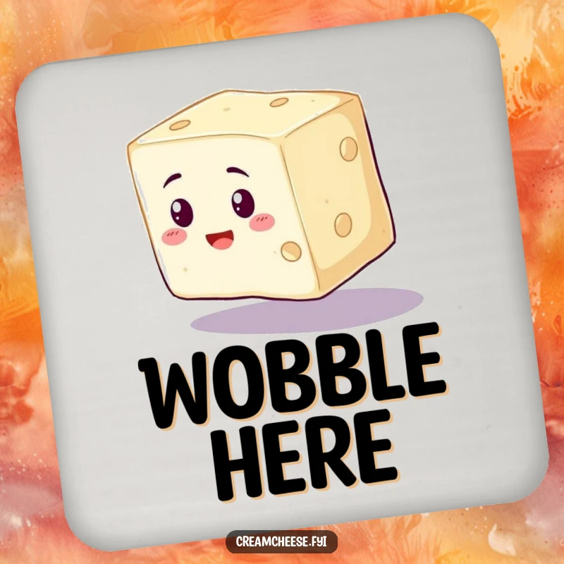 Funny Cream Cheese Drink Coaster depicting a wobbly cream cheese cube wobbling precariously, a humorous accessory.