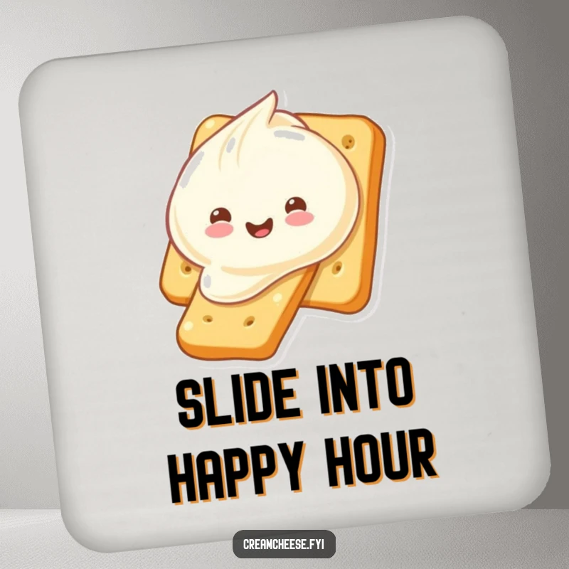 Funny cream cheese dollop sliding down a cracker, featured on drink coasters. A comical and functional addition, perfect as a funny gift.
